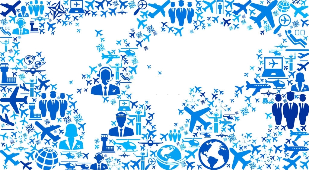 World Map Aviation and Air Planes Vector Graphic. The main object of this royalty free illustration is the composed of vector icon pattern. These air plane and aviation icons vary in size and form a seamless composition.  This illustration is conceptual and is perfect for aviation and airline businesses. Each icon can be used independently from the background set. The icons include such popular aviation images as an airplane, helicopter, airport and many more icons.